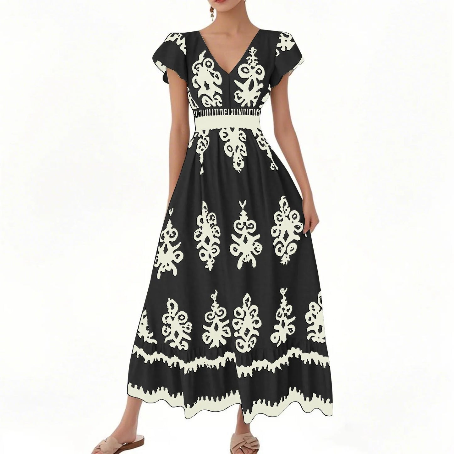 Fashion Sleeveless Maxi Boho Dress Women 2025 Summer Print Waist Bohemian Elegant Short Sleeve Dresses For Women Robe Femme