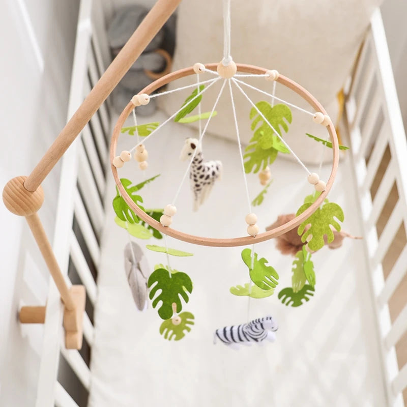 Baby Rattle Wooden Crib Mobile Bed Bell Toys Soft Felt Forest Animal Doll Toy Kid Stroller Comfort Crib Hanging Bracket Toy Gift