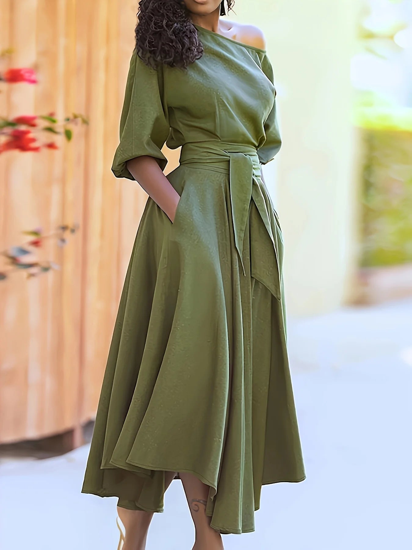 Temperament Drop Shoulder Tie Waist Slimming Large Size Casual Dress