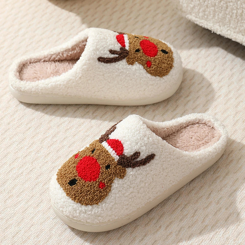 Christmas Deer Slippers Winter Platform Shoes Anti Slip Women Men Slip-On Comfy House Slippers Plush Warm Slipper for Winter