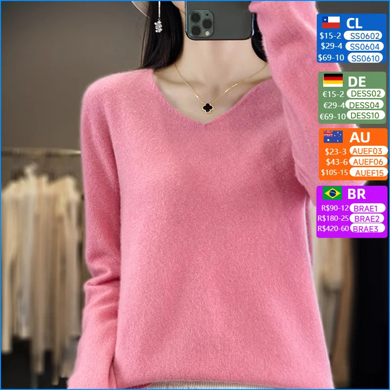 Women 100% Merino Wool Sweater V-Neck Basic Pullover Autumn Winter Cashmere Clothing Long Sleeve Soft Knitwear Tops Solid Color