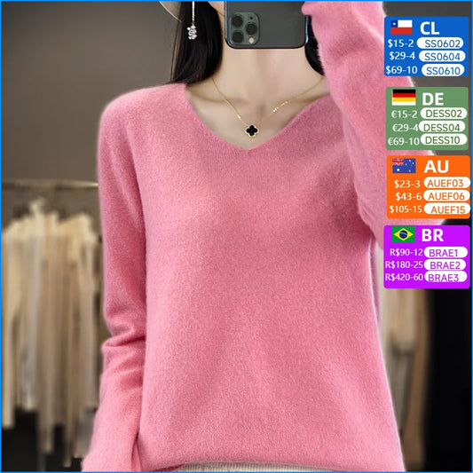 Women 100% Merino Wool Sweater V-Neck Basic Pullover Autumn Winter Cashmere Clothing Long Sleeve Soft Knitwear Tops Solid Color