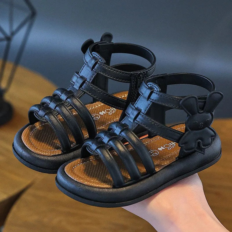2025 New Children Sandals Girls Kids Roman Sandal Summer Soft Flat Heels High-top Beach Princess Fashion Cartoon Shoes Side Zip