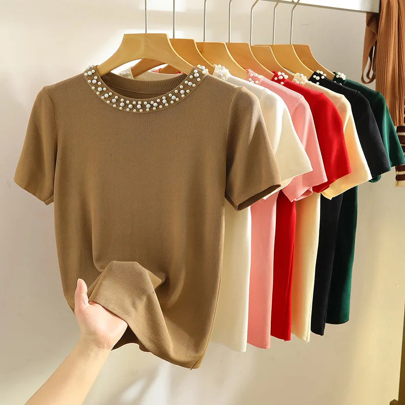 1pcs Summer Women Bead Ice Silk Knit T-Shirt Lady Short-Sleeve Round-Neck tShirt Female Pullover Tee Girl Fashion Commuting Tops