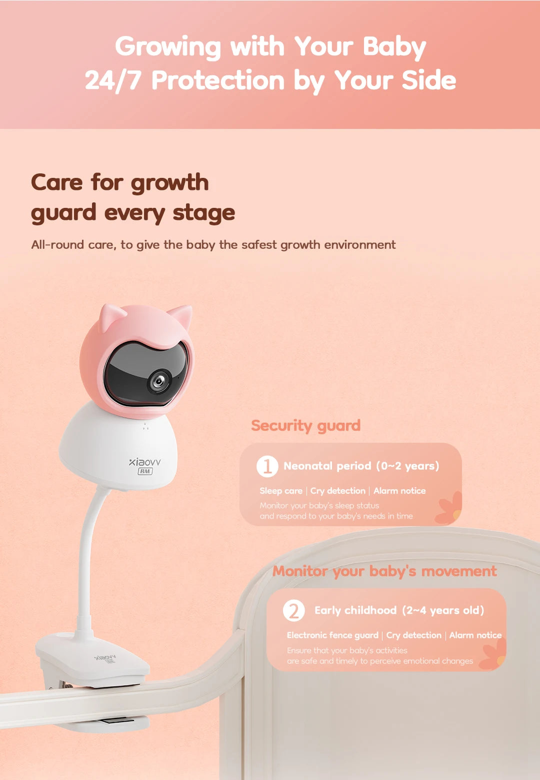XIAOVV Baby Monitor 4MP WiFi indoor Cry detection Two-Way Audio Motion Detection Night Vision Baby Camera for Home Security Q2BM