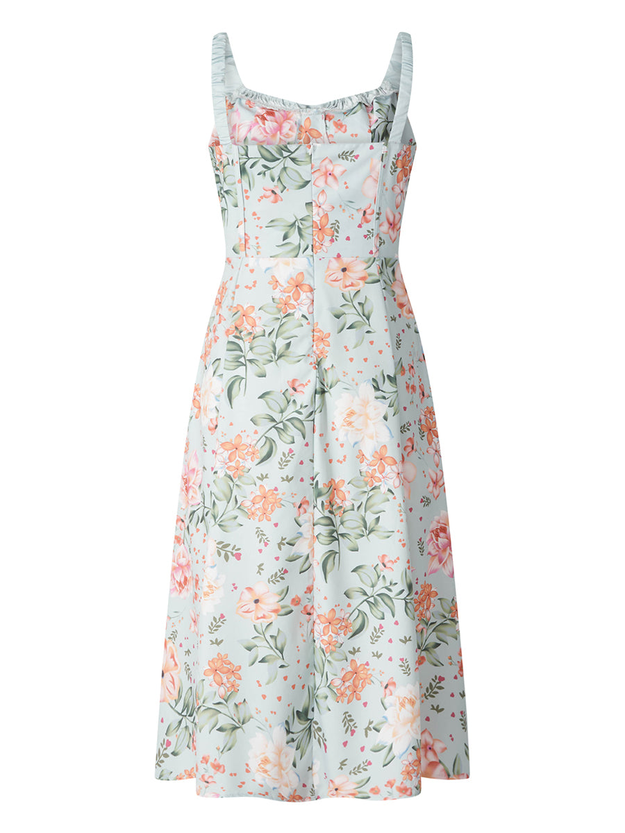 Women Summer Casual Midi Dress Floral Print Low-Cut Sleeveless Sling Sweet Dress Fashion Backless Temperament Dress
