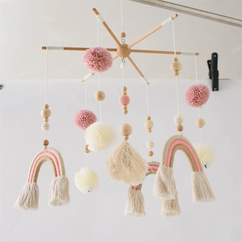 Baby Rattle Wooden Crib Mobile Bed Bell Toys Soft Felt Forest Animal Doll Toy Kid Stroller Comfort Crib Hanging Bracket Toy Gift