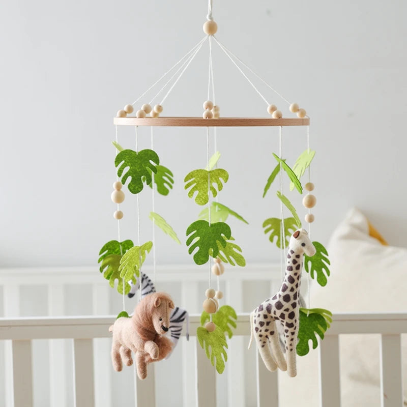 Baby Rattle Wooden Crib Mobile Bed Bell Toys Soft Felt Forest Animal Doll Toy Kid Stroller Comfort Crib Hanging Bracket Toy Gift