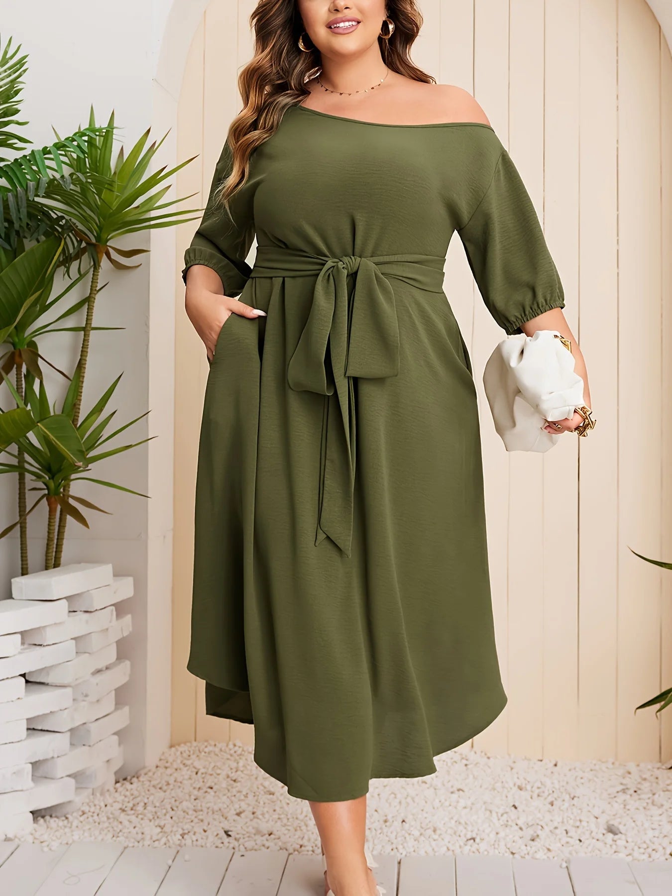 Temperament Drop Shoulder Tie Waist Slimming Large Size Casual Dress