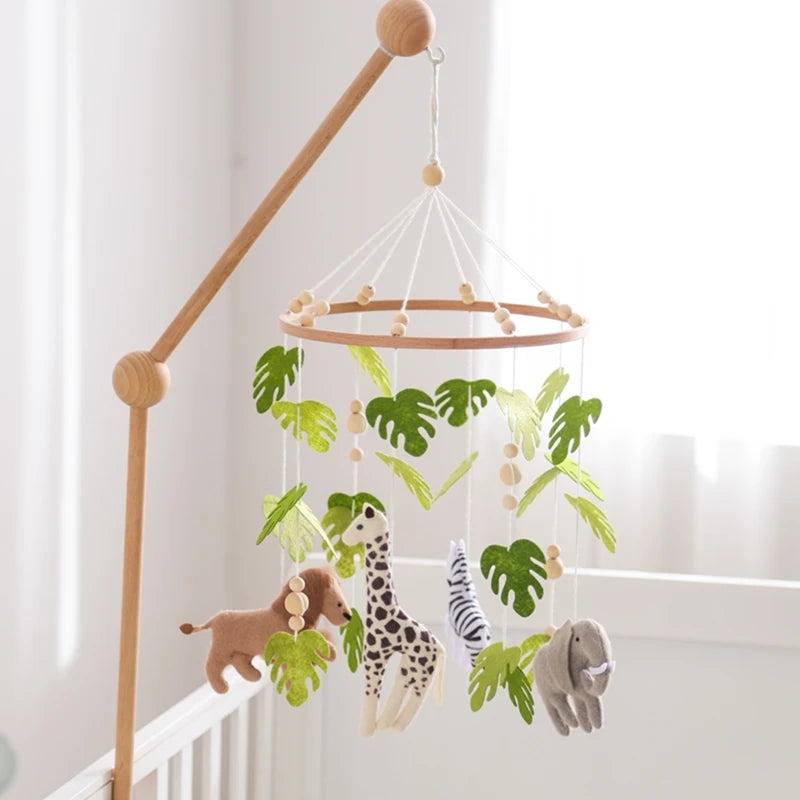 Baby Rattle Wooden Crib Mobile Bed Bell Toys Soft Felt Forest Animal Doll Toy Kid Stroller Comfort Crib Hanging Bracket Toy Gift