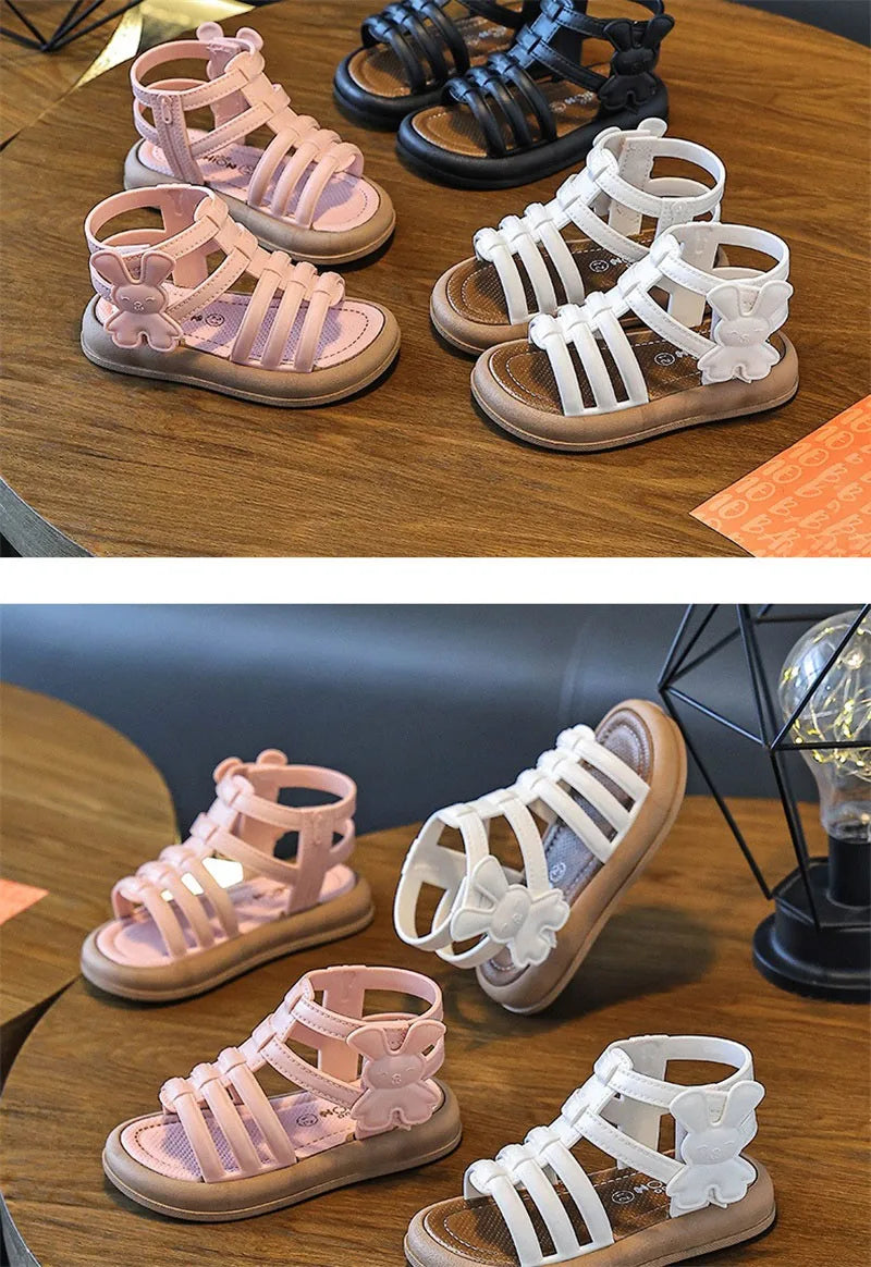 2025 New Children Sandals Girls Kids Roman Sandal Summer Soft Flat Heels High-top Beach Princess Fashion Cartoon Shoes Side Zip