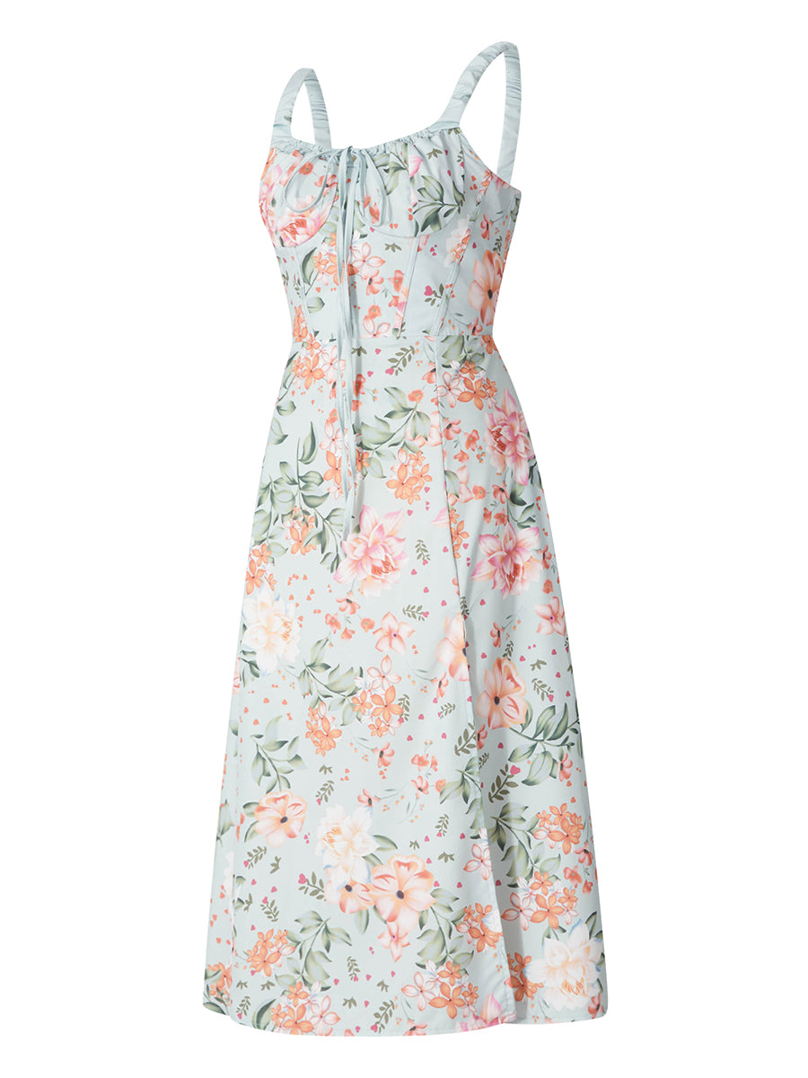 Women Summer Casual Midi Dress Floral Print Low-Cut Sleeveless Sling Sweet Dress Fashion Backless Temperament Dress