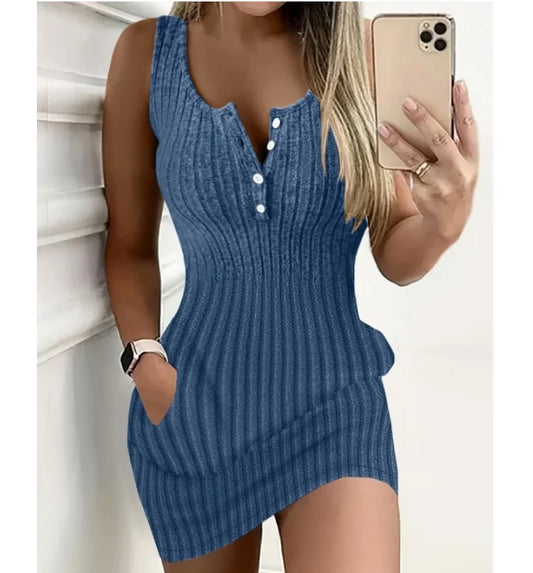Summer New Women's Casual Buttoned Pocket Design U-Neck Ribbed Bodycon Dress Female Fashion Sleeveless Skinny Mini Dresses