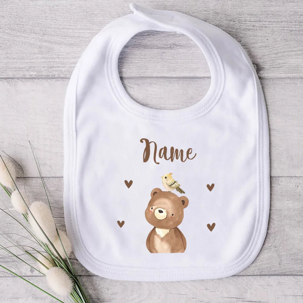 Personalised Animal with Name Baby Bib Girl Boy Cotton Bibs Custom Newborn Saliva Towel Infant Bib Baptism Baby Shower Gift