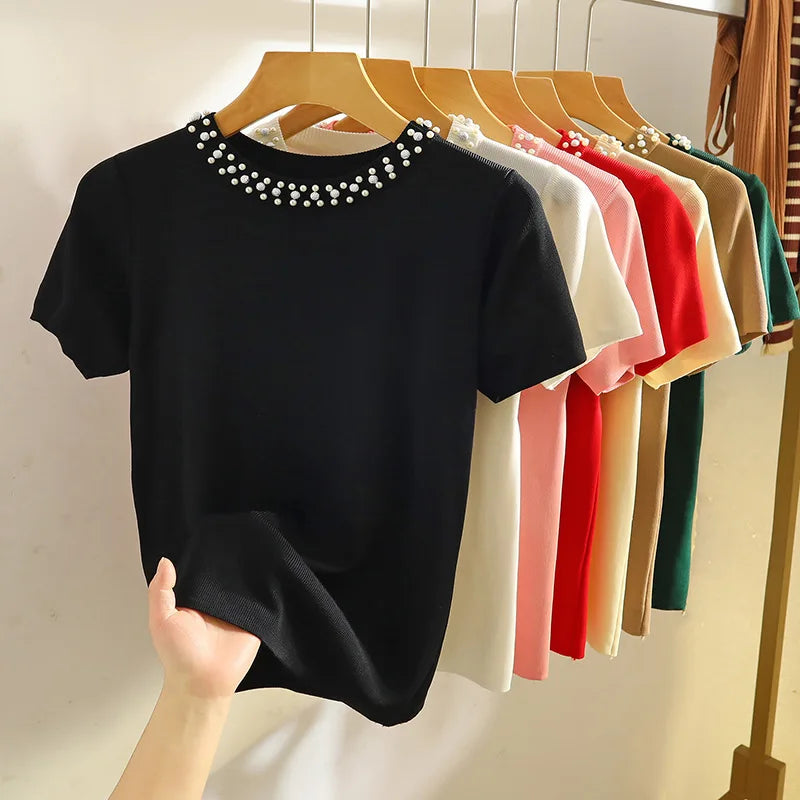 1pcs Summer Women Bead Ice Silk Knit T-Shirt Lady Short-Sleeve Round-Neck tShirt Female Pullover Tee Girl Fashion Commuting Tops
