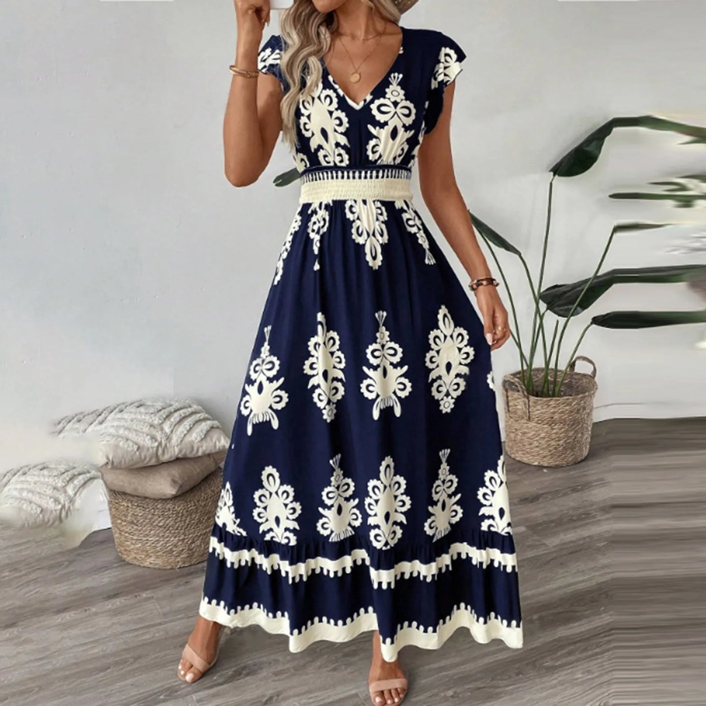 Fashion Sleeveless Maxi Boho Dress Women 2025 Summer Print Waist Bohemian Elegant Short Sleeve Dresses For Women Robe Femme