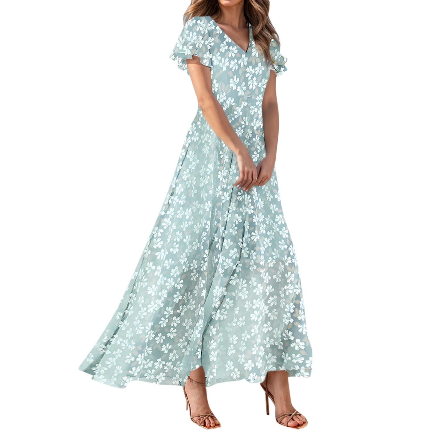 2025 Summer Dresses For Women Casual Short Sleeve Maxi Dresses Cute Floral Maxi Dress Evening Party Wedding Guest Dresses