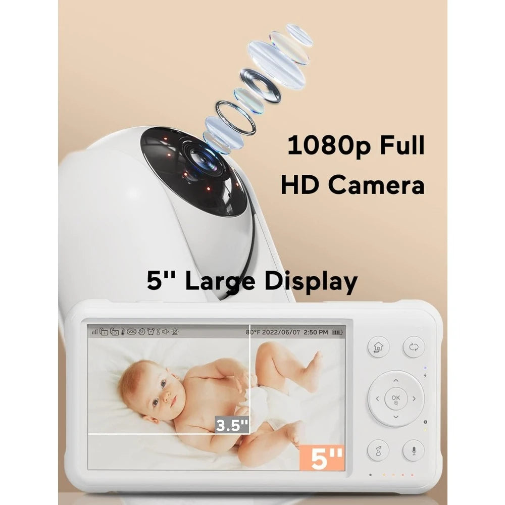 High quality 1080P 5" HD Baby Monitor w/Camera&Wall Mount,Infrared Night Vision, 5000mAh Battery,Temperature Sensor,960ft Range