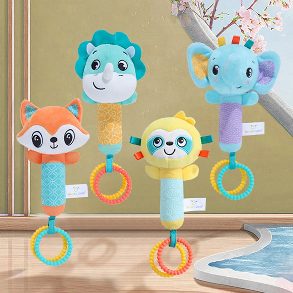 Baby Rattles Toys Soft Hand Crank Cartoon Animal with BB Call Voice Plush Toys Squeaky Sensory Travel Accessories for Toddler