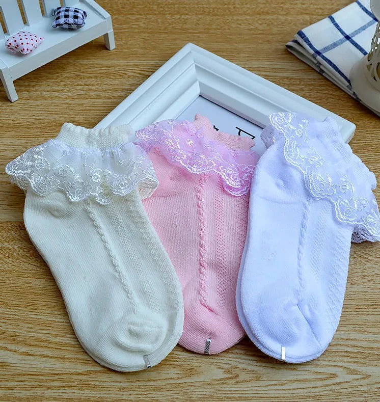 Mesh Socks Breathable Cotton Lace with Ruffle Princess Children Ankle Short Sock White Pink Yellow for Baby Girls Kids Toddler