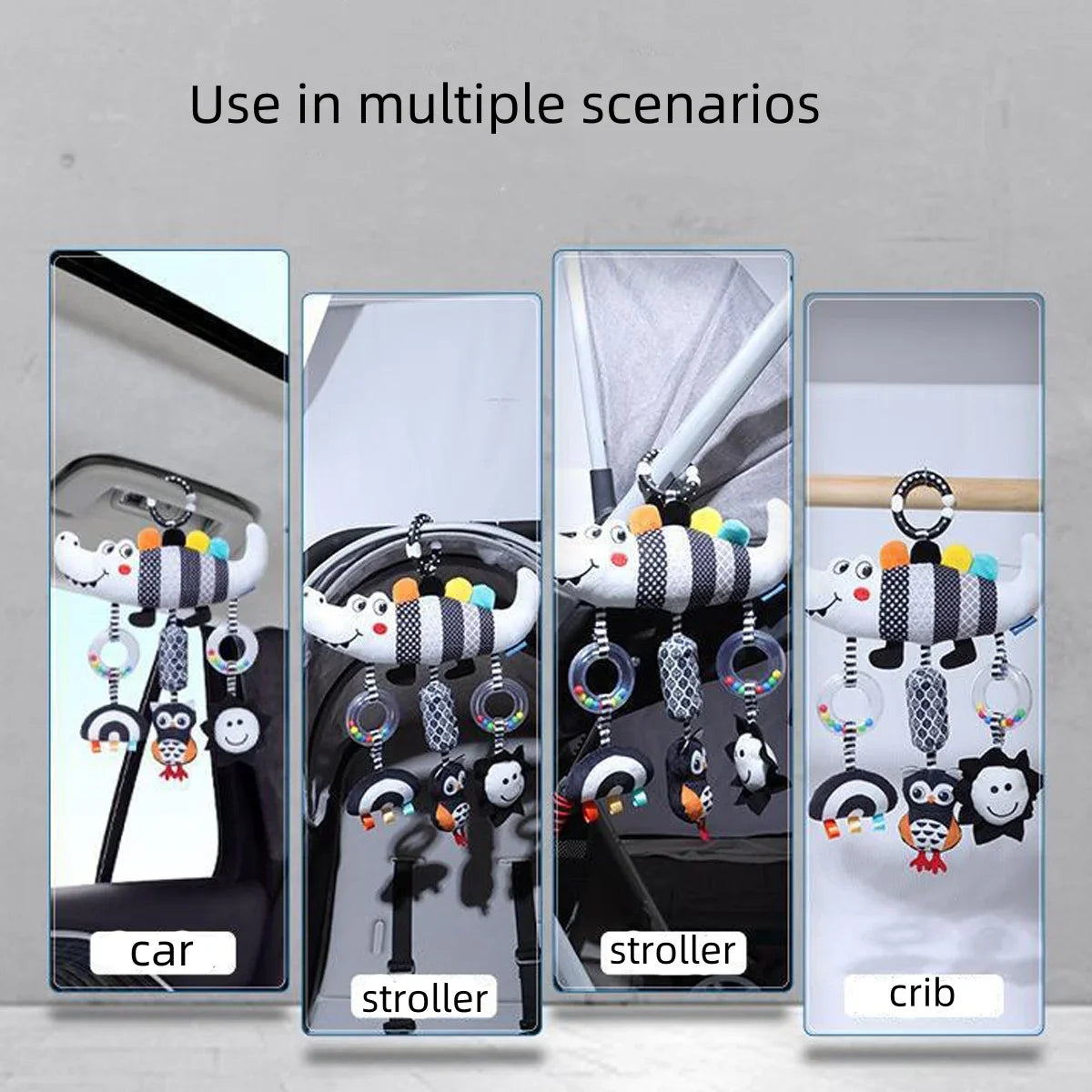 New Baby Carseat Toy Black & White Rattle Hanging Activity Stroller Toy for Newborns Boys and Girls Gifts Crocodile Caterpillar