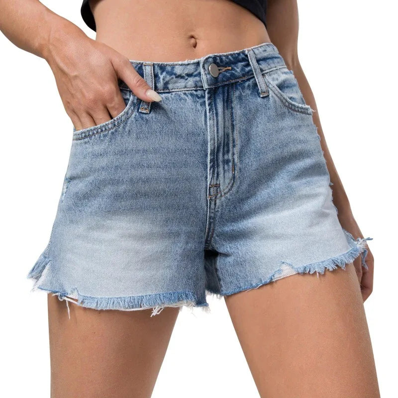 Summer Womens Jeans Shorts Jeans Short Length Mid Waisted Broken Denim Shorts Ripped Jeans High Waisted Hotpant Shorts