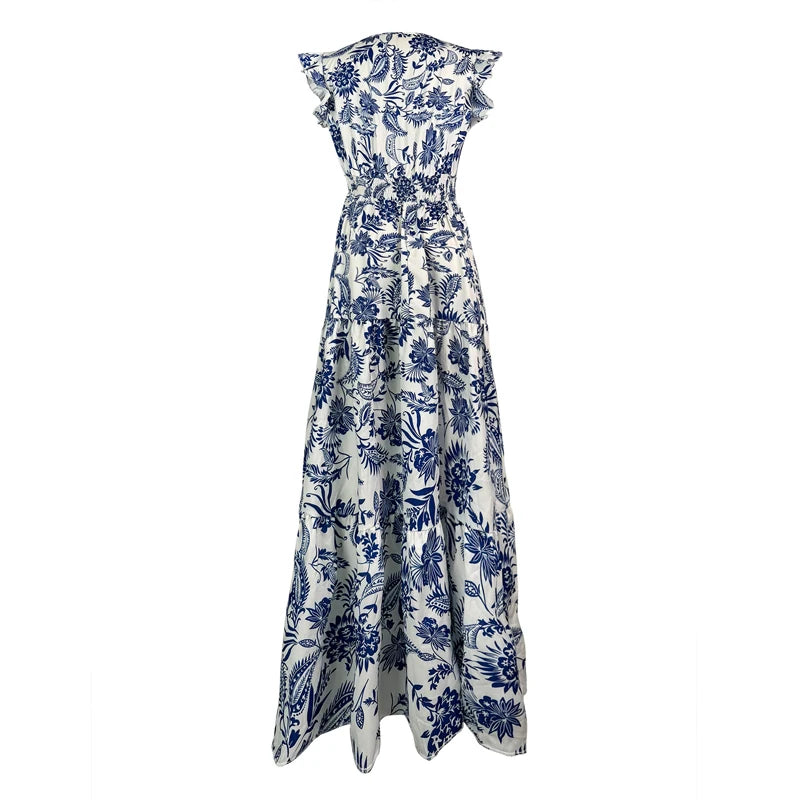 Fashion Floral Skirt for Famale Casual V-neck Sleeveless Ruffles Tighten The Waist Slimming Elegant Bohemian Floral Womens Dress