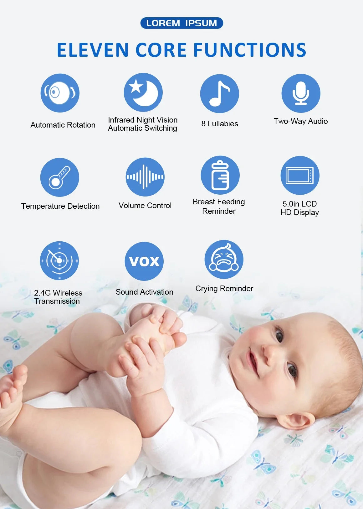 5Inch Video Baby Monitor With Pan Tilt  Surveillance Camera Two Way Audio Night Vision Intercom Auto IPS Screen Nanny with Stand