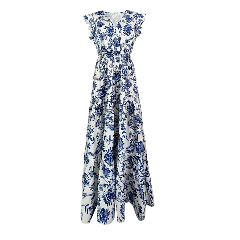 Fashion Floral Skirt for Famale Casual V-neck Sleeveless Ruffles Tighten The Waist Slimming Elegant Bohemian Floral Womens Dress