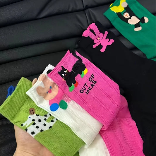 5 Pairs Cartoon Pattern Crew Socks For Men Women Are Comfortable And Breathable, Suitable For Gifts, Parties And Daily Wear