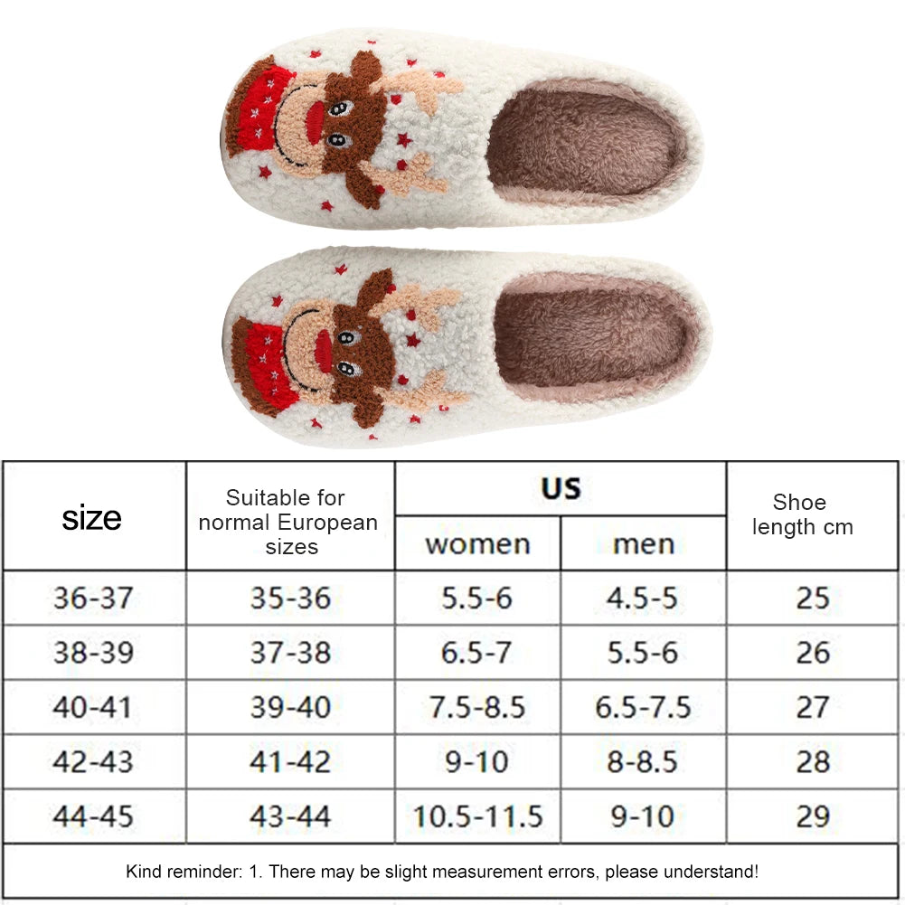 Christmas Elk Plush Slippers Comfortable Flat Thermal Slippers Anti Slip Fluffy Home Slippers Soft Couple Slippers for Men Women