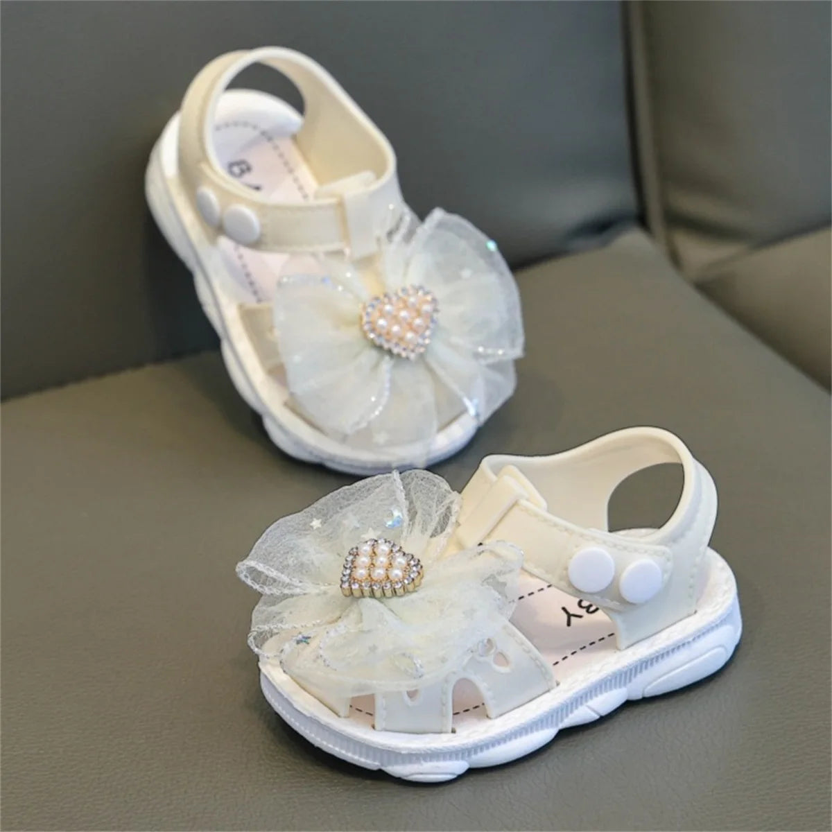 Toddler Girl Sparkle Glitter Bowknot Sandals with Rhinestone Pearl Heart Detail Soft Sole Non-Slip Closed Toe Walking Shoes