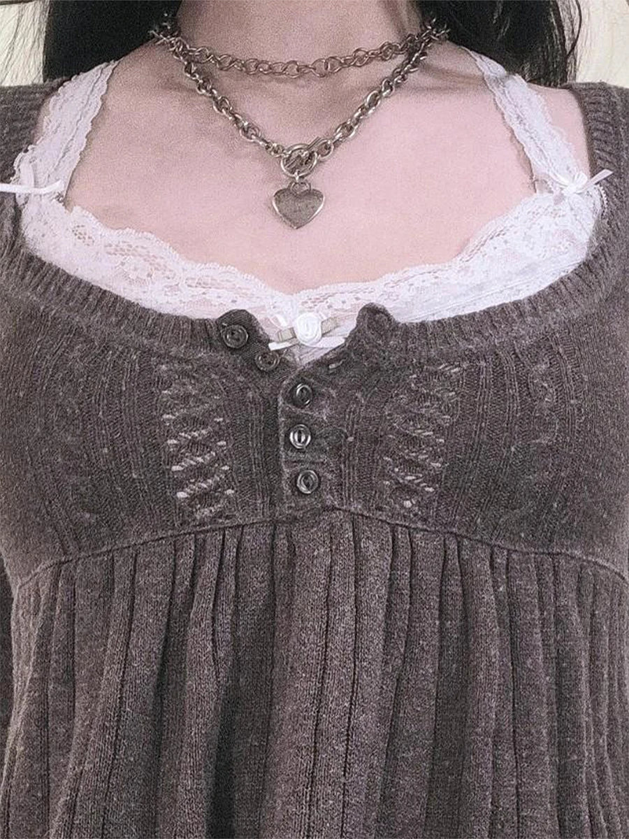 Elegant Women s Fall Knitwear Stylish Long Sleeve Tunic Sweater with Button Detail and Square Neckline