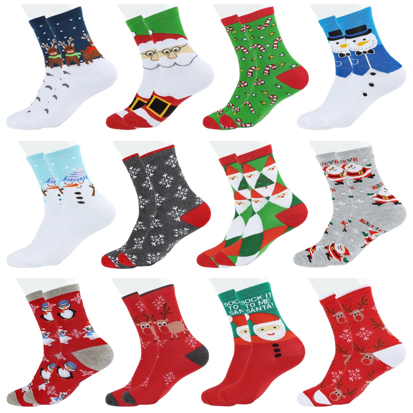 12 Pair Women's Christmas Socks Cotton Knit Crew Xmas Socks for Girls Winter Cozy Funny Women Christmas Socks