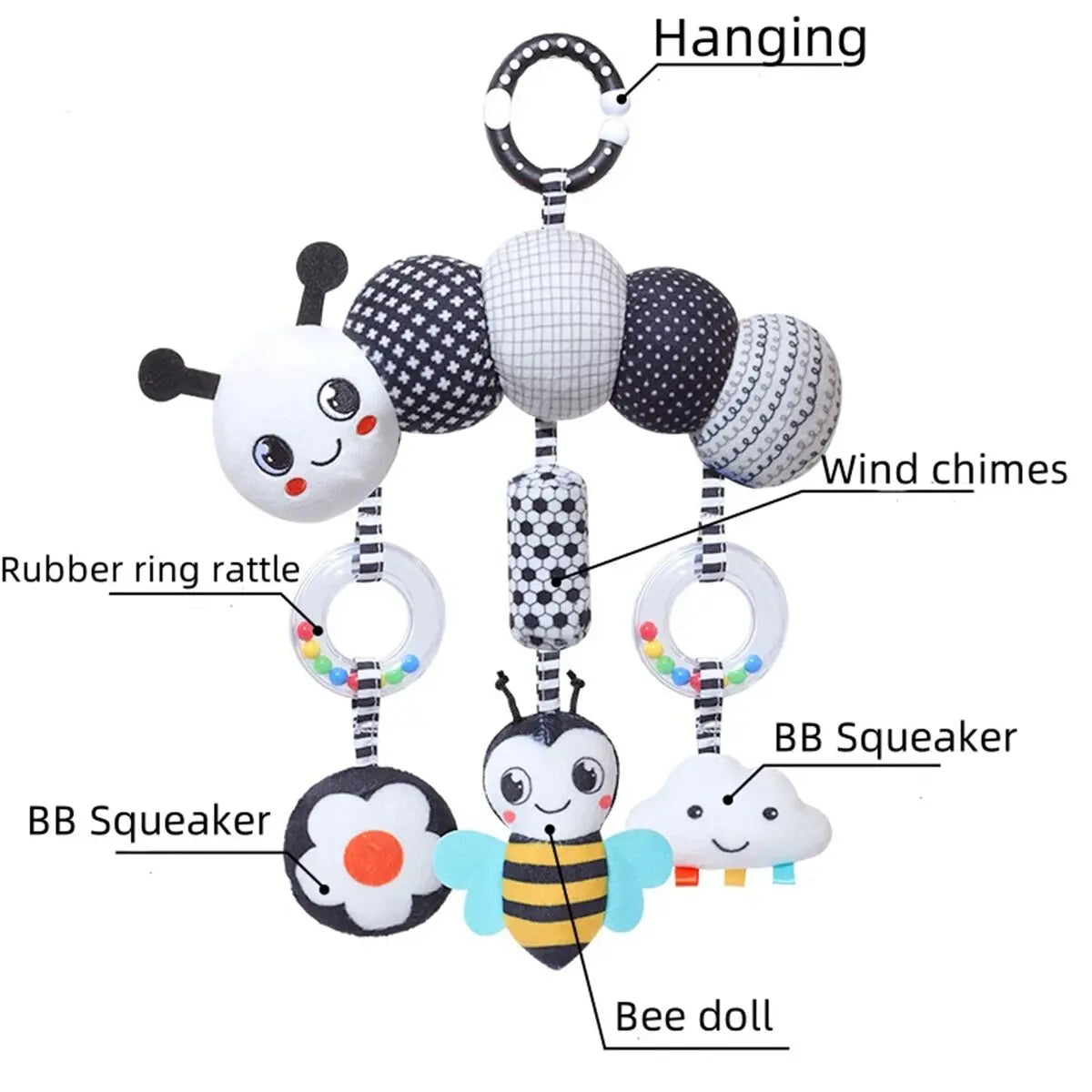 New Baby Carseat Toy Black & White Rattle Hanging Activity Stroller Toy for Newborns Boys and Girls Gifts Crocodile Caterpillar