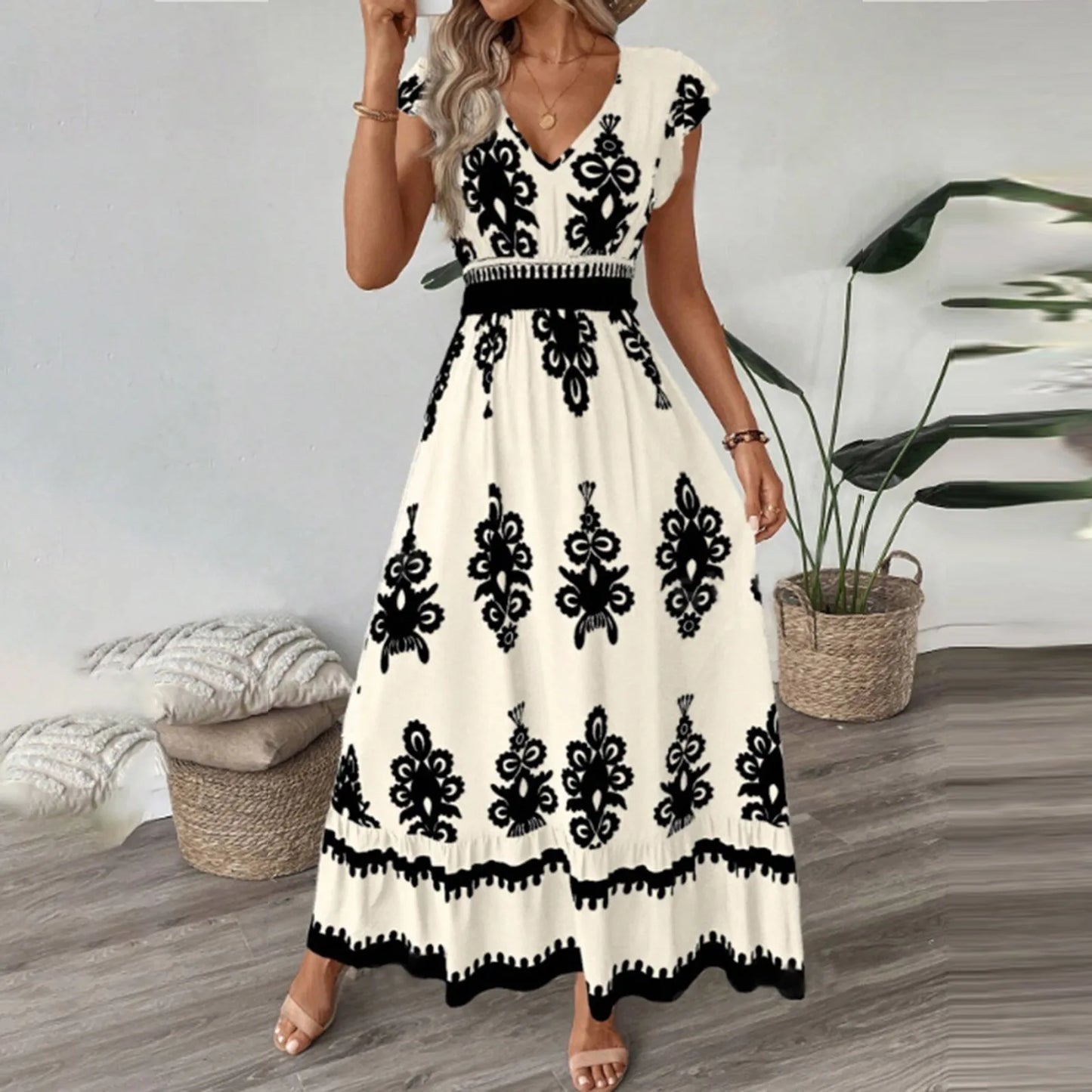 Fashion Sleeveless Maxi Boho Dress Women 2025 Summer Print Waist Bohemian Elegant Short Sleeve Dresses For Women Robe Femme