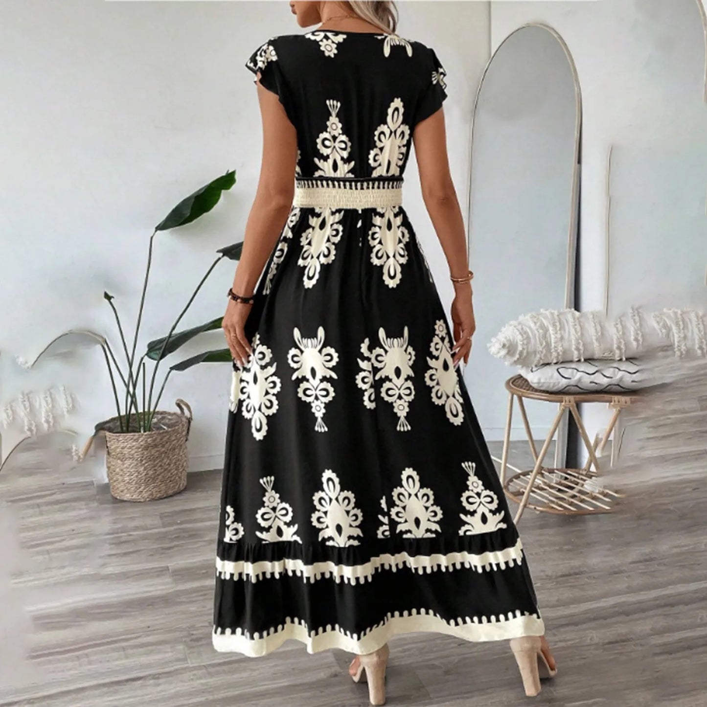 Fashion Sleeveless Maxi Boho Dress Women 2025 Summer Print Waist Bohemian Elegant Short Sleeve Dresses For Women Robe Femme