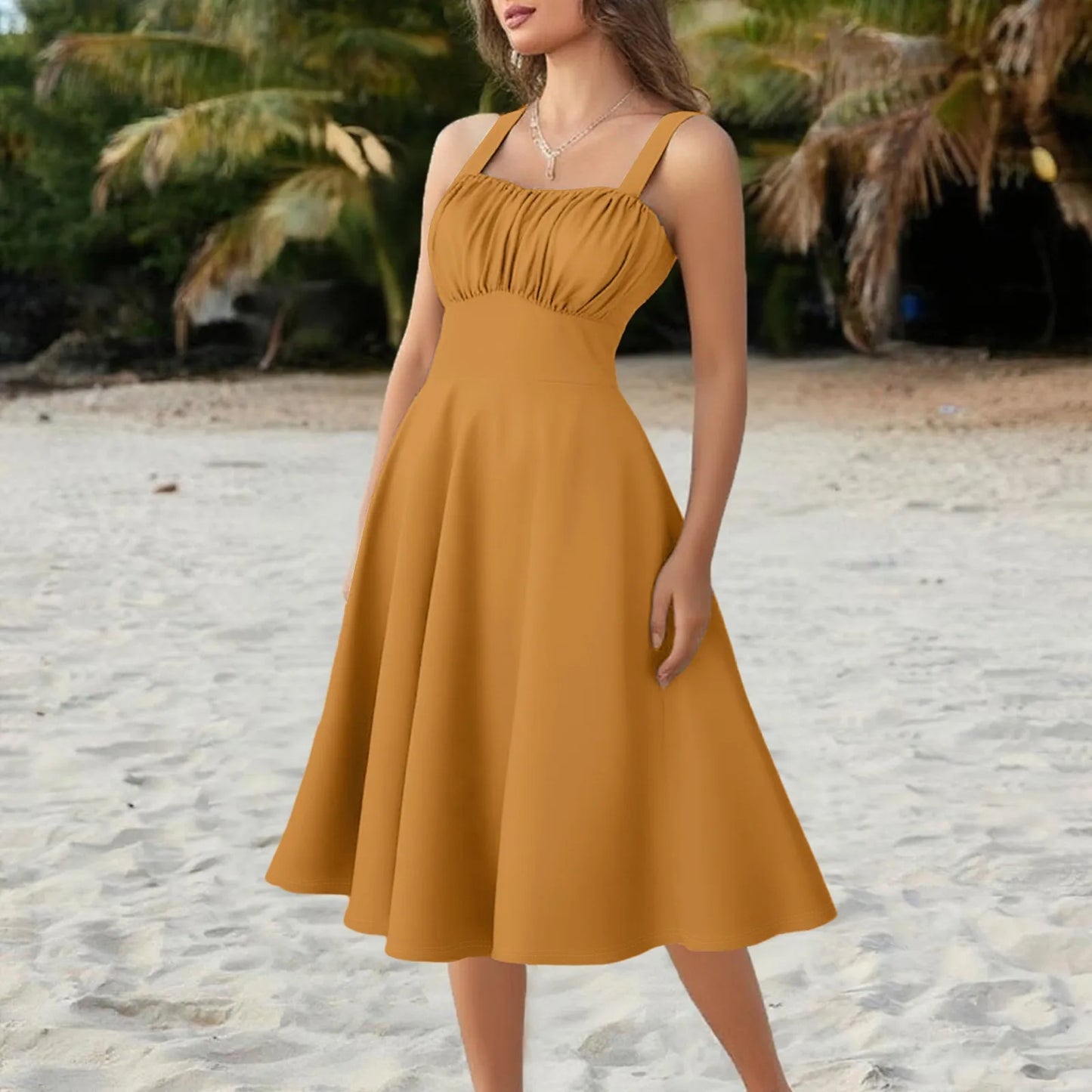 New Women'S Vintage Sleeveless Pleated Patchwork Cute A-Line Hem Solid Dresses Vestidos Mujer Veranoa 2025 Women Clothing