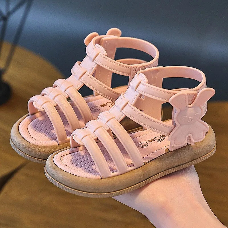 2025 New Children Sandals Girls Kids Roman Sandal Summer Soft Flat Heels High-top Beach Princess Fashion Cartoon Shoes Side Zip