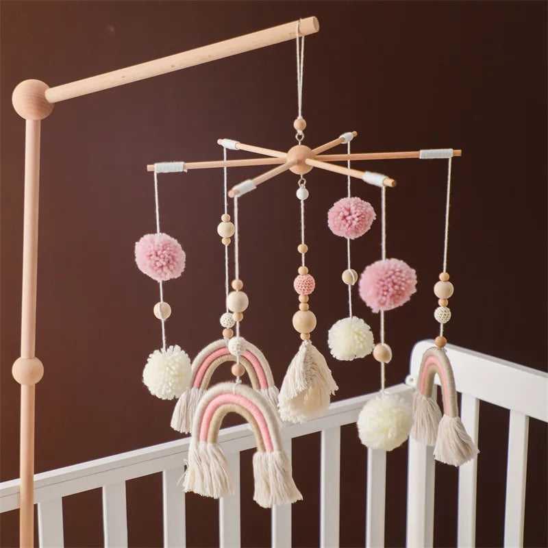 Baby Rattle Wooden Crib Mobile Bed Bell Toys Soft Felt Forest Animal Doll Toy Kid Stroller Comfort Crib Hanging Bracket Toy Gift