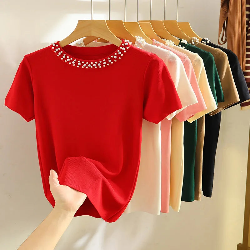 1pcs Summer Women Bead Ice Silk Knit T-Shirt Lady Short-Sleeve Round-Neck tShirt Female Pullover Tee Girl Fashion Commuting Tops