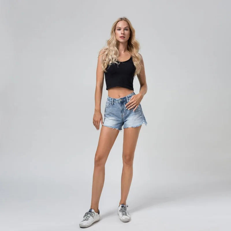 Summer Womens Jeans Shorts Jeans Short Length Mid Waisted Broken Denim Shorts Ripped Jeans High Waisted Hotpant Shorts