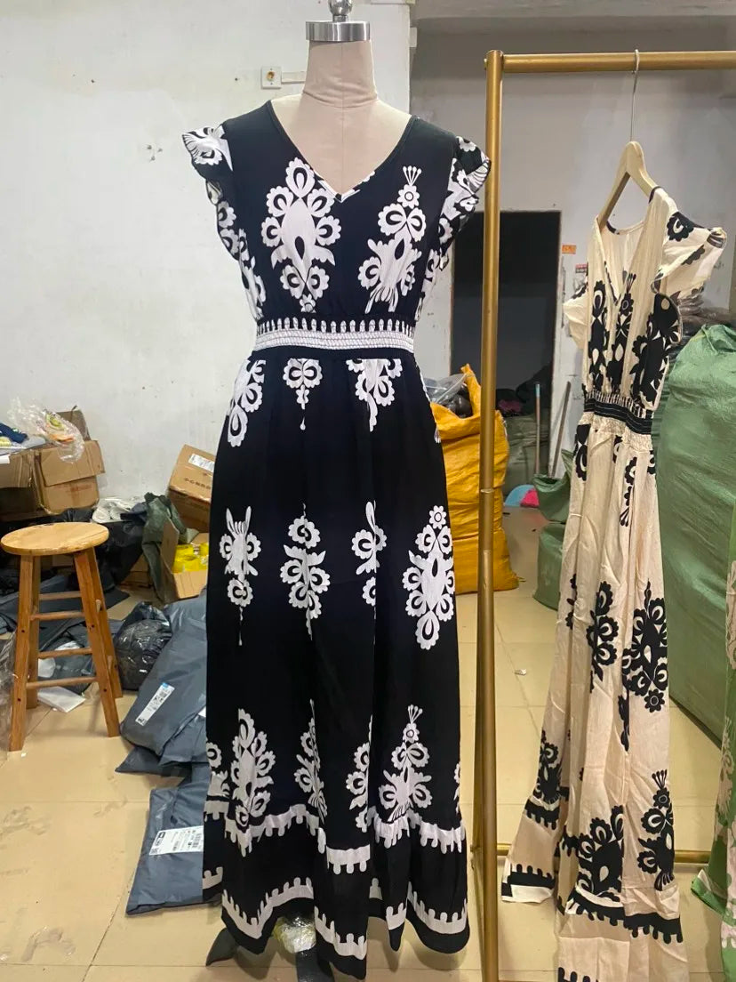 Fashion Sleeveless Maxi Boho Dress Women 2025 Summer Print Waist Bohemian Elegant Short Sleeve Dresses For Women Robe Femme