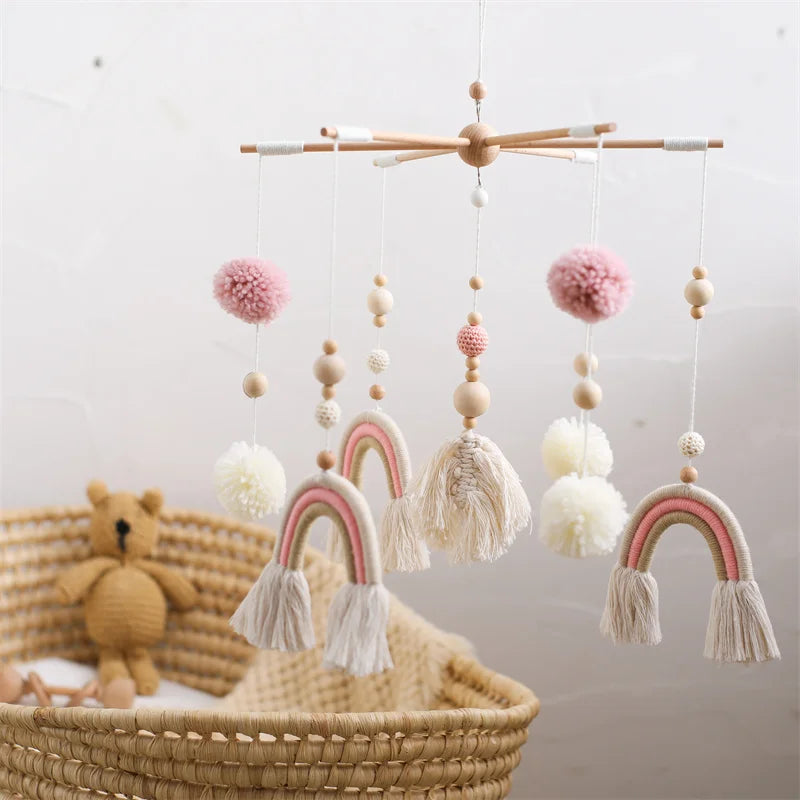 Baby Rattle Wooden Crib Mobile Bed Bell Toys Soft Felt Forest Animal Doll Toy Kid Stroller Comfort Crib Hanging Bracket Toy Gift