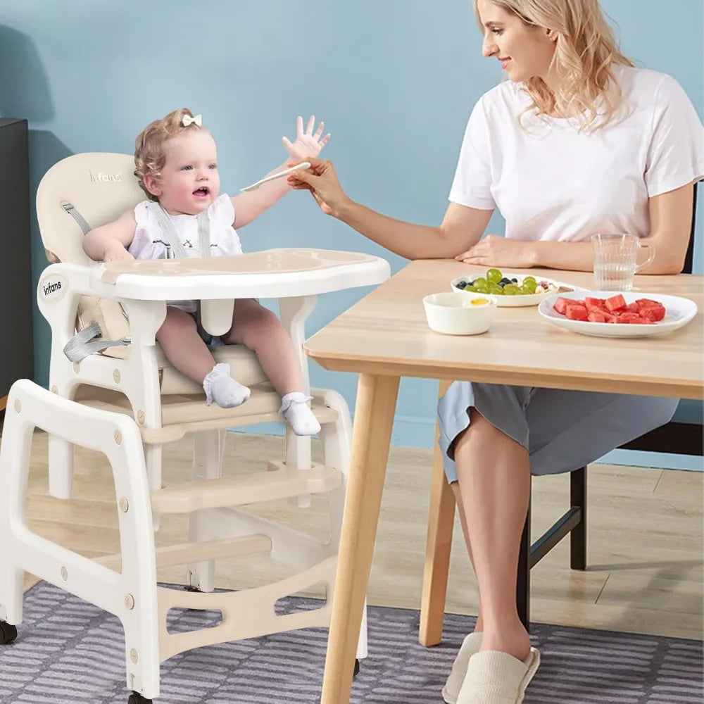 5 in 1 Baby High Chair, Convertible Toddler Table Chair Set, Rocking Chair, Multi-Function Seat with Lockable Universal Wheels