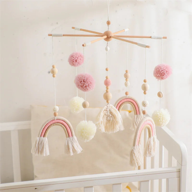 Baby Rattle Wooden Crib Mobile Bed Bell Toys Soft Felt Forest Animal Doll Toy Kid Stroller Comfort Crib Hanging Bracket Toy Gift