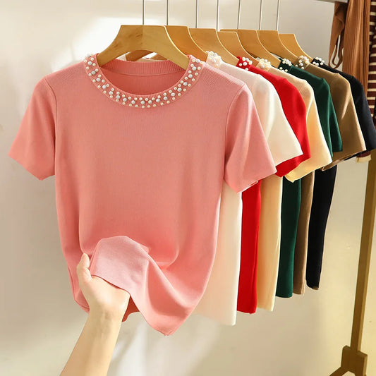 1pcs Summer Women Bead Ice Silk Knit T-Shirt Lady Short-Sleeve Round-Neck tShirt Female Pullover Tee Girl Fashion Commuting Tops