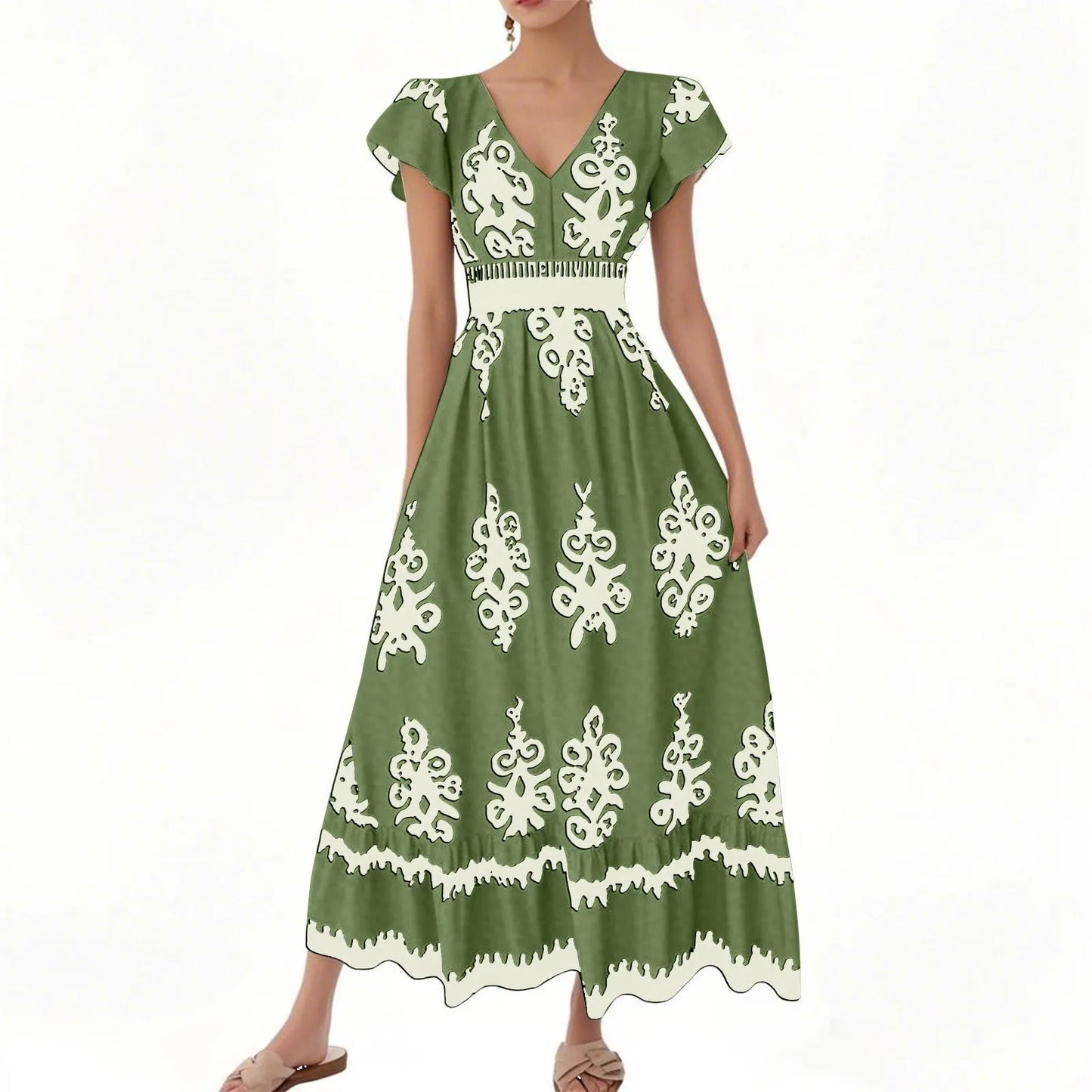Fashion Sleeveless Maxi Boho Dress Women 2025 Summer Print Waist Bohemian Elegant Short Sleeve Dresses For Women Robe Femme