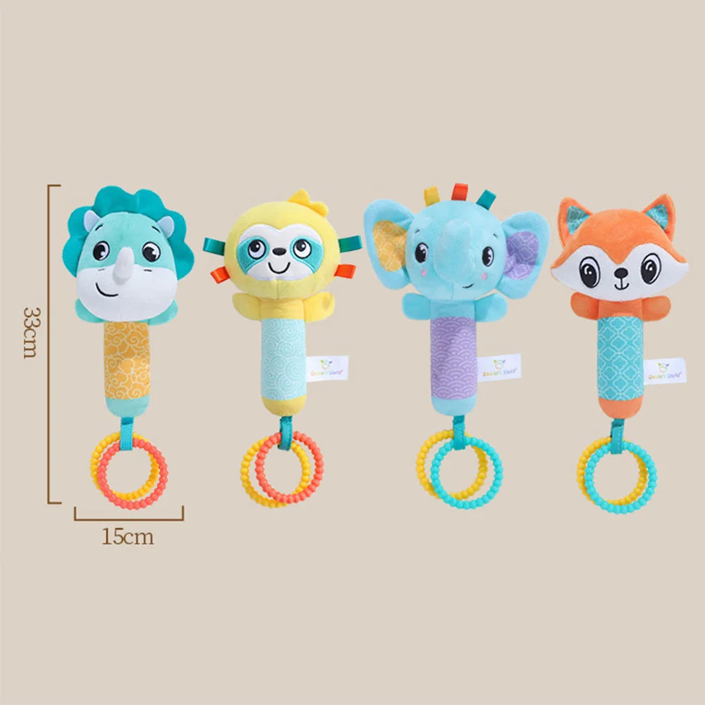 Baby Rattles Toys Soft Hand Crank Cartoon Animal with BB Call Voice Plush Toys Squeaky Sensory Travel Accessories for Toddler