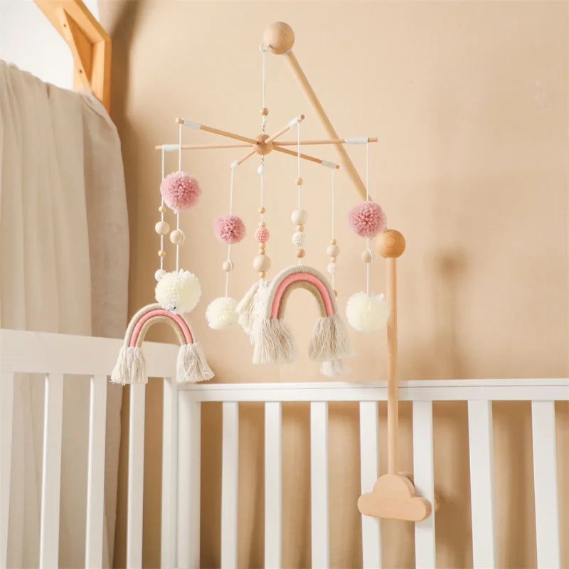 Baby Rattle Wooden Crib Mobile Bed Bell Toys Soft Felt Forest Animal Doll Toy Kid Stroller Comfort Crib Hanging Bracket Toy Gift